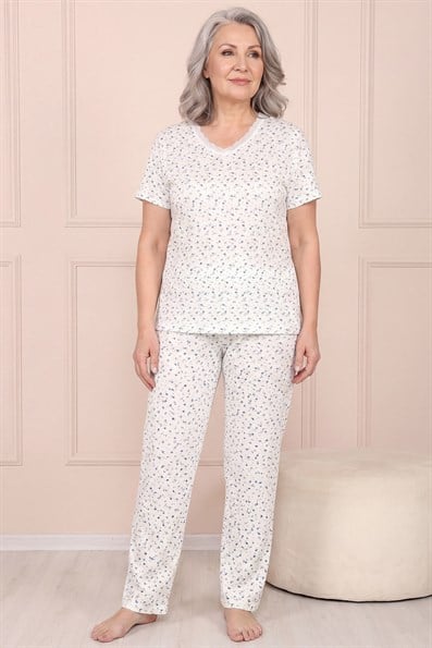 Kadın Desenli Dantel Yakalı Kısa Kol Altı Uzun Penye Anne  Pijama Takım