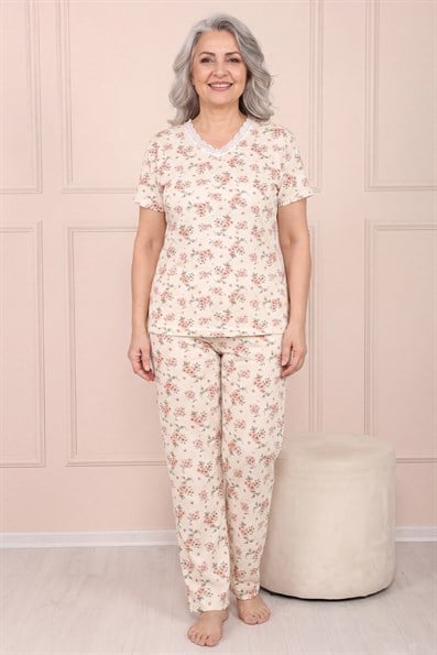 Kadın Desenli Dantel Yakalı Kısa Kol Altı Uzun Penye Anne  Pijama Takım