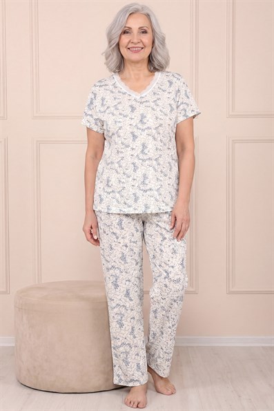 Kadın Desenli Dantel Yakalı Kısa Kol Altı Uzun Penye Anne  Pijama Takımı