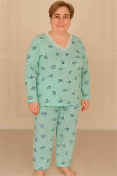 Kadın Desenli Dantel Yakalı Uzun Kol Altı Uzun Penye Anne  Pijama Takımı