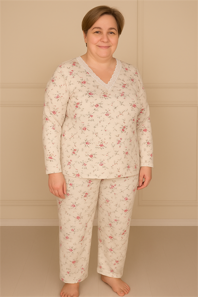 Kadın Desenli Dantel Yakalı Uzun Kol Altı Uzun Penye Anne  Pijama Takımı