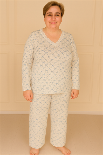 Kadın Desenli Dantel Yakalı Uzun Kol Altı Uzun Penye Anne  Pijama Takımı