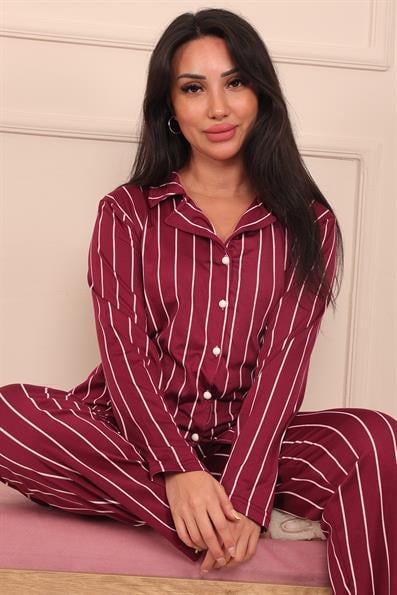 Kadın Dikey Çizgi Desenli Önü Düğmeli Uzun Kol Altı Uzun Milan Kumaş Pijama Takımı