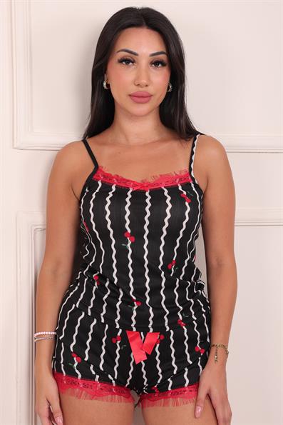 Kadın Dikey Çizgi ve Kiraz Desenli Şortlu Pegasus Pijama Takım Siyah