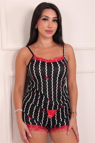 Kadın Dikey Çizgi ve Kiraz Desenli Şortlu Pegasus Pijama Takım Siyah