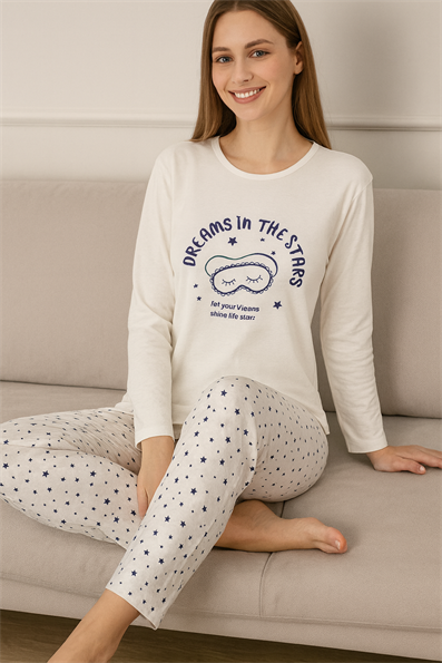 Kadın Dreams in the Stars Sloganlı  Altı Yıldız Desenli Bisiklet Yaka Uzun Kol Altı Uzun Penye Pijama Takımı