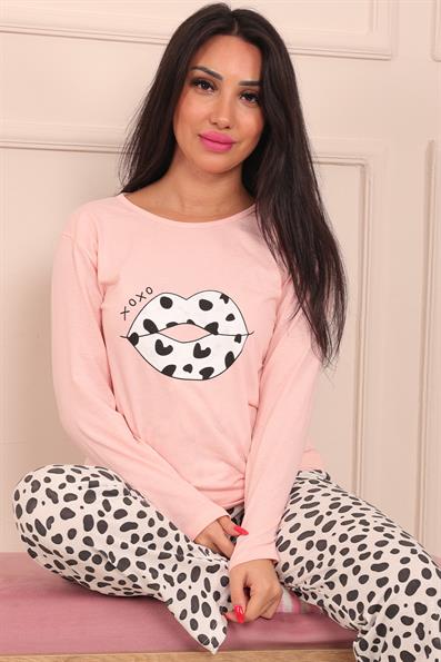 Kadın Dudak Baskılı Bisiklet Yaka Uzun Kol Altı Uzun Penye Pijama Takımı