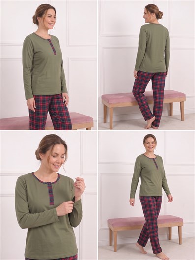 Kadın Ekose Desenli Bisiklet Yaka Uzun Kol Altı Uzun Bambu Pijama Takımı