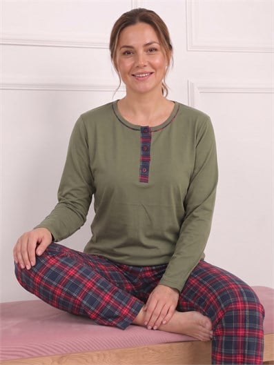 Kadın Ekose Desenli Bisiklet Yaka Uzun Kol Altı Uzun Bambu Pijama Takımı