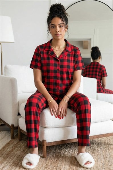 Kadın Ekose Desenli Gömlek Yaka Kısa Kol Altı Uzun Serin Tutan Milan Kumaş Pijama Takımı
