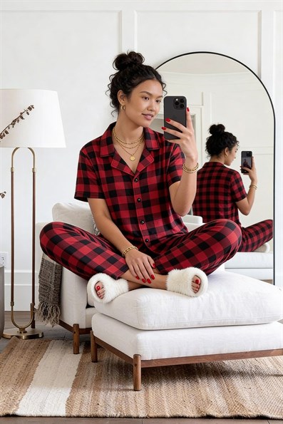 Kadın Ekose Desenli Gömlek Yaka Kısa Kol Altı Uzun Serin Tutan Milan Kumaş Pijama Takımı