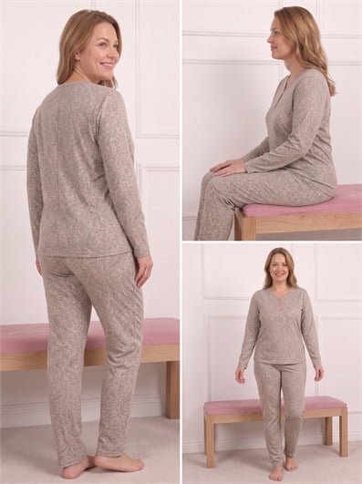 Kadın Etnik Desenli Biye Yakalı Uzun Kollu Anne Penye Pijama Takımı