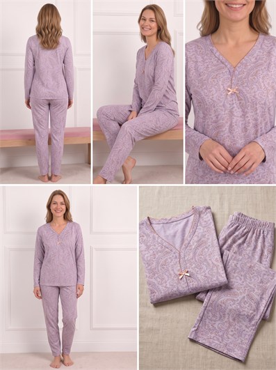 Kadın Etnik Desenli Biye Yakalı Uzun Kollu Anne Penye Pijama Takımı