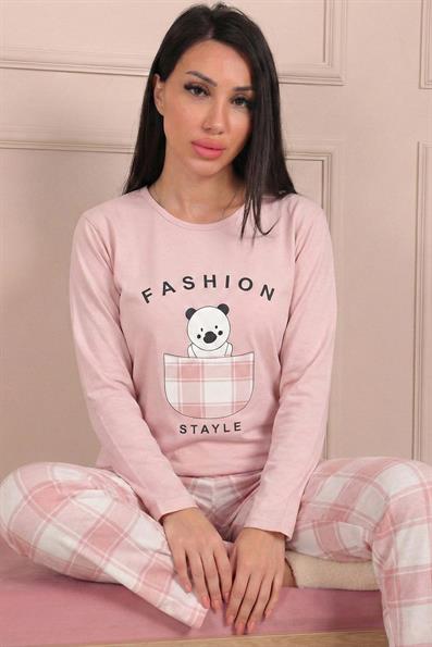 Kadın Fashion Sloganlı ve  Altı Ekose Desenli  Penye Pijama Takımı