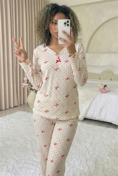 Kadın Fiyonk Desenli Fitilli Armut Yaka Uzun Kol Altı Uzun Pamuklu Pijama Takımı