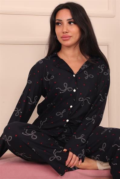 Kadın Fiyonk ve Kalp Desenli Önü Düğmeli Uzun Kol Altı Uzun Süet Pijama Takımı