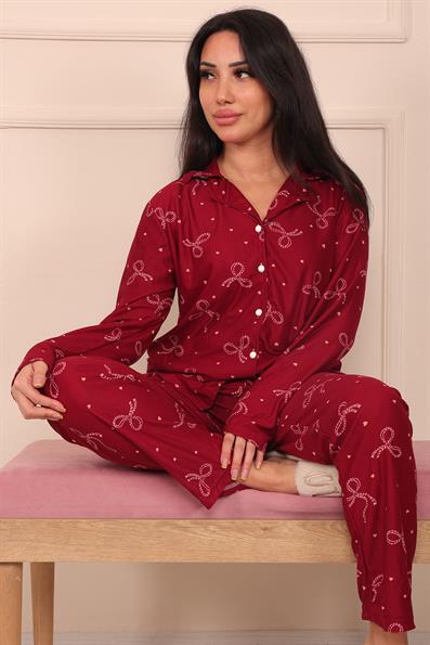 Kadın Fiyonk ve Kalp Desenli Önü Düğmeli Uzun Kol Altı Uzun Süet Pijama Takımı