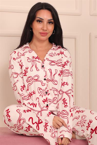 Kadın Fiyonk ve Nice Slogan Desenli Önü Düğmeli Uzun Kol Altı Uzun Süet Pijama Takımı