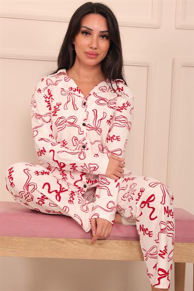 Kadın Fiyonk ve Nice Slogan Desenli Önü Düğmeli Uzun Kol Altı Uzun Süet Pijama Takımı