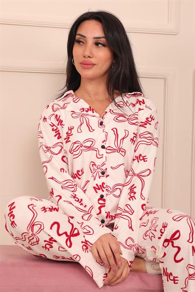 Kadın Fiyonk ve Nice Slogan Desenli Önü Düğmeli Uzun Kol Altı Uzun Süet Pijama Takımı