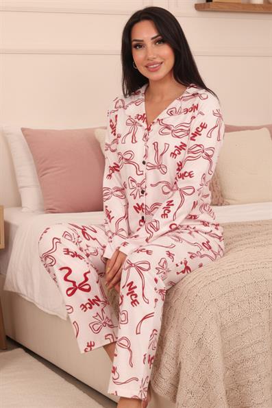 Kadın Fiyonk ve Nice Slogan Desenli Önü Düğmeli Uzun Kol Altı Uzun Süet Pijama Takımı