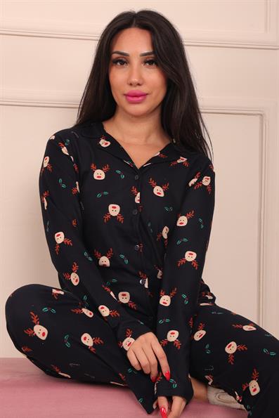 Kadın Geyik Desenli Önü Düğmeli Uzun Kol Altı Uzun Süet Pijama Takımı