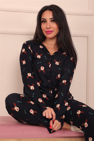 Kadın Geyik Desenli Önü Düğmeli Uzun Kol Altı Uzun Süet Pijama Takımı
