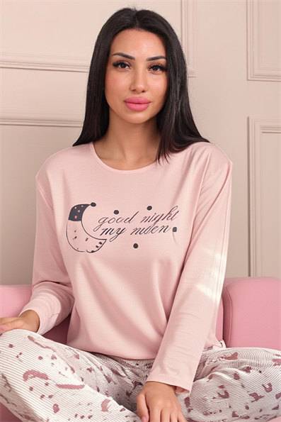 Kadın Good Night Sloganlı Bisiklet Yaka Uzun Kol Altı Uzun Penye Pijama Takımı