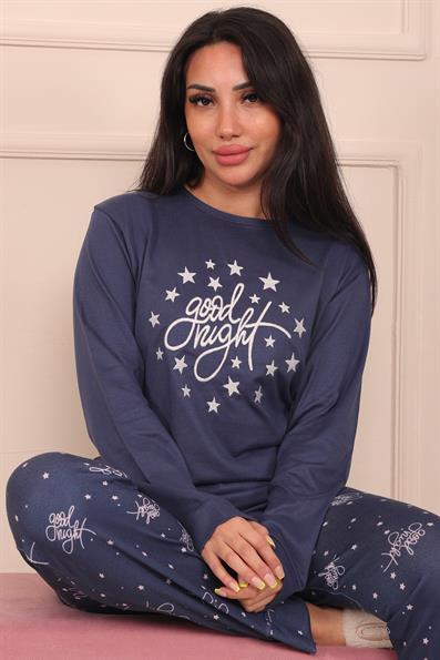Kadın Good Night  Sloganlı ve Altı Yıldız Desenli Termal Pijama Takımı