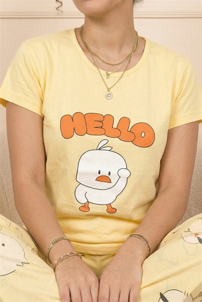 Kadın Hello Sloganlı ve Ördek Baskılı Penye Kısa Kol Pijama Takımı