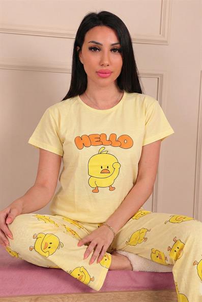 Kadın Hello Sloganlı ve Ördek Baskılı Penye Kısa Kol Pijama Takımı