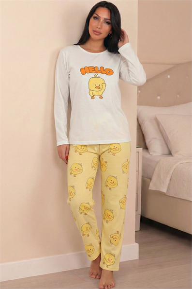 Kadın Hello Sloganlı ve Ördek Yavrusu Baskılı  Altı Desenli Bisiklet Yaka Uzun Kol Altı Uzun Penye Pijama Takımı