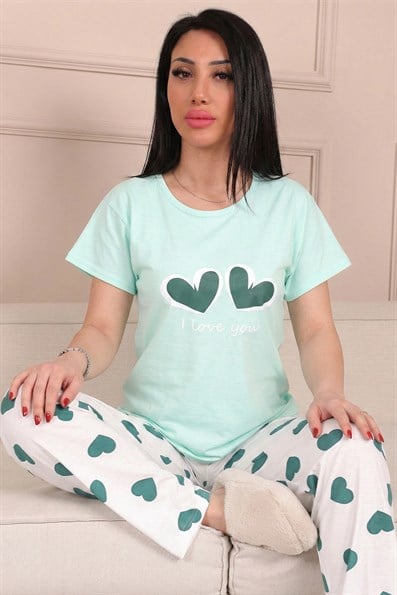 Kadın Kalp Baskılı Sloganlı Kısa Kol Altı Uzun Penye Pijama Takımı TURKUAZ
