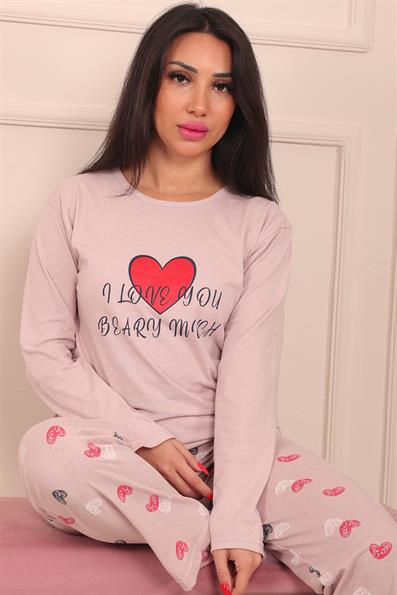 Kadın Kalp Baskılı ve Sloganlı Bisiklet Yaka Uzun Kol Altı Uzun Penye Pijama Takımı