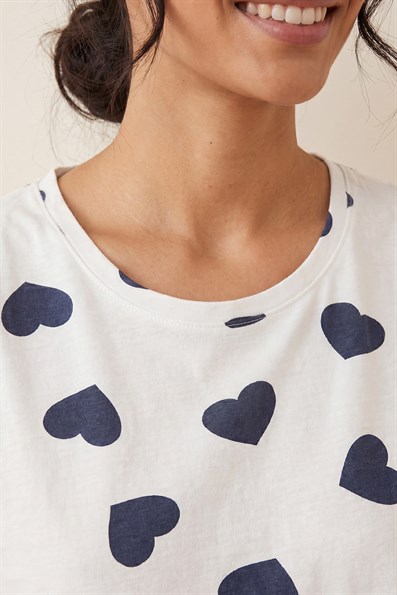 Kadın Kalp Desenli Bisiklet Yaka Kısa Kol Altı Uzun Penye Pijama Takımı