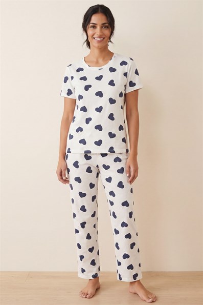 Kadın Kalp Desenli Bisiklet Yaka Kısa Kol Altı Uzun Penye Pijama Takımı