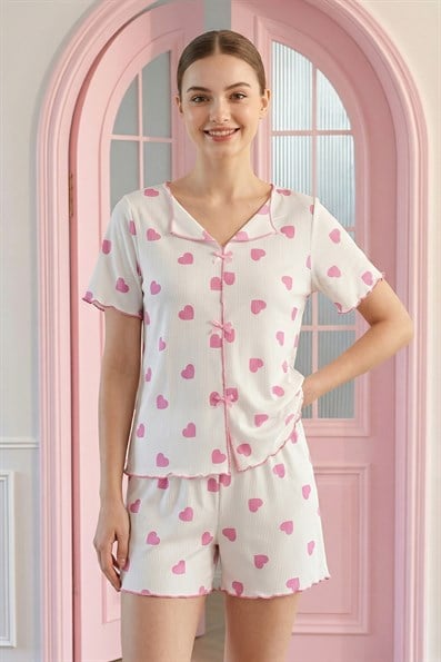 Kadın Kalp Desenli Biyeli V Yaka Kısa Kol Şortlu Serin Tutan Viskon Kaşkorse Pijama Takımı