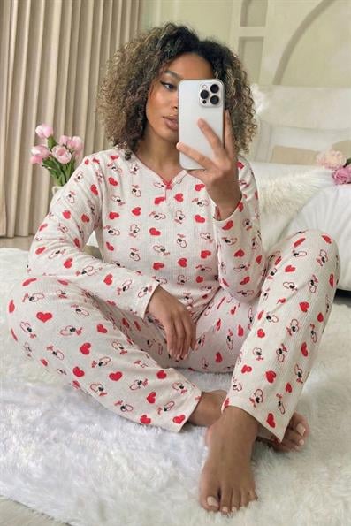 Kadın Kalp Desenli Fitilli Armut Yaka Uzun Kol Altı Uzun Pamuklu Pijama Takımı