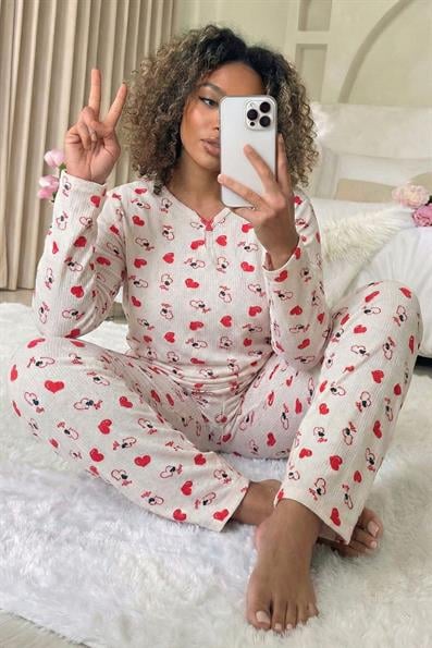 Kadın Kalp Desenli Fitilli Armut Yaka Uzun Kol Altı Uzun Pamuklu Pijama Takımı