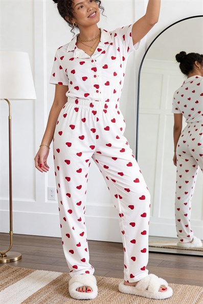 Kadın Kalp Desenli Gömlek Yaka Kısa Kol Altı Uzun Serin Tutan Milan Kumaş Pijama Takımı