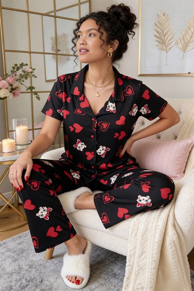 Kadın Kalp Desenli Gömlek Yaka Kısa Kol Altı Uzun Serin Tutan Milan Kumaş Pijama Takımı