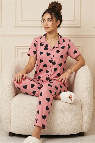 Kadın Kalp Desenli Gömlek Yaka Kısa Kol Altı Uzun Serin Tutan Milan Kumaş Pijama Takımı