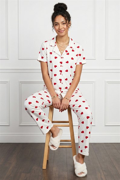 Kadın Kalp Desenli Gömlek Yaka Kısa Kol Altı Uzun Serin Tutan Milan Kumaş Pijama Takımı