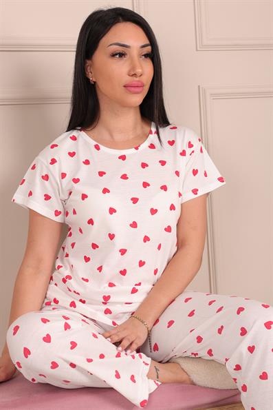 Kadın Kalp Desenli Kısa Kol Altı Uzun Penye Pijama Takımı BEYAZ