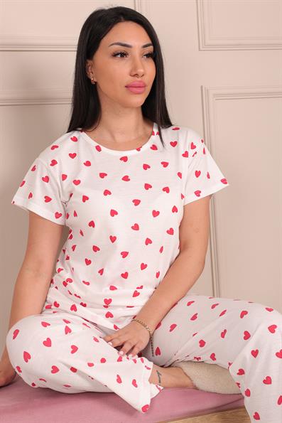 Kadın Kalp Desenli Kısa Kol Altı Uzun Penye Pijama Takımı BEYAZ