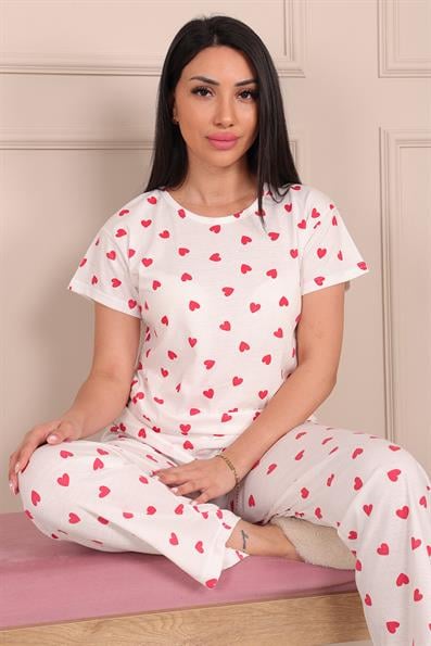 Kadın Kalp Desenli Kısa Kol Altı Uzun Penye Pijama Takımı BEYAZ
