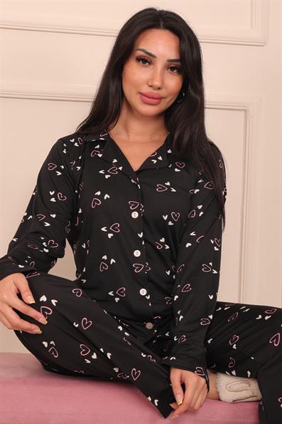 Kadın Kalp Desenli Desenli Önü Düğmeli Milan Kumaş Pijama Takımı