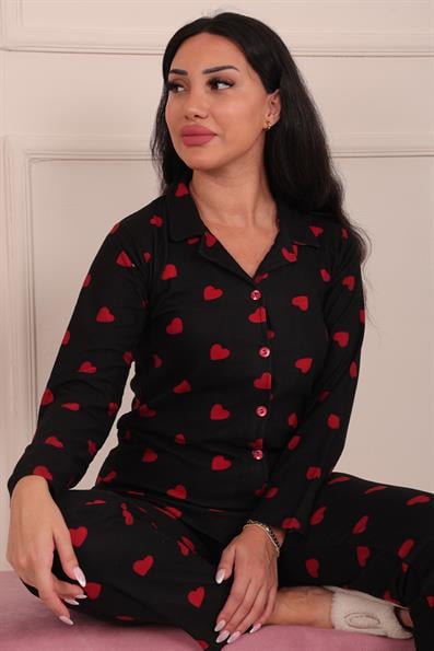 Kadın Kalp Desenli Önü Düğmeli Süet Pijama Takımı