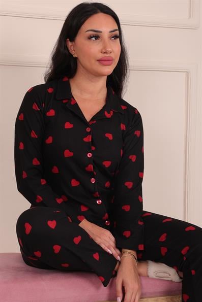 Kadın Kalp Desenli Önü Düğmeli Süet Pijama Takımı
