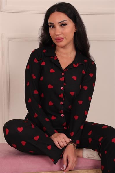 Kadın Kalp Desenli Önü Düğmeli Süet Pijama Takımı